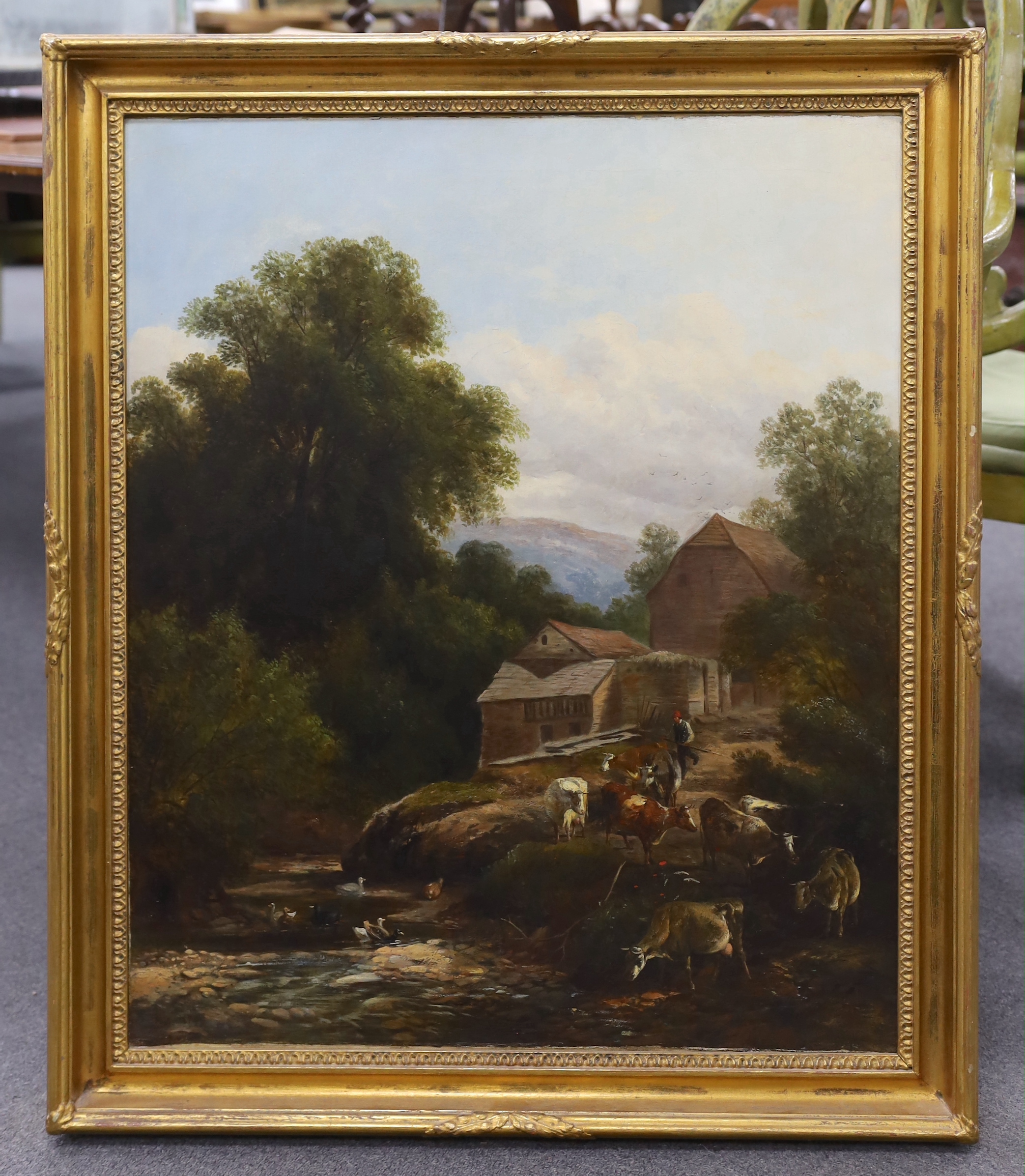 Victorian School, oil on canvas, Cattle watering, stencil verso, 75 x 62cm